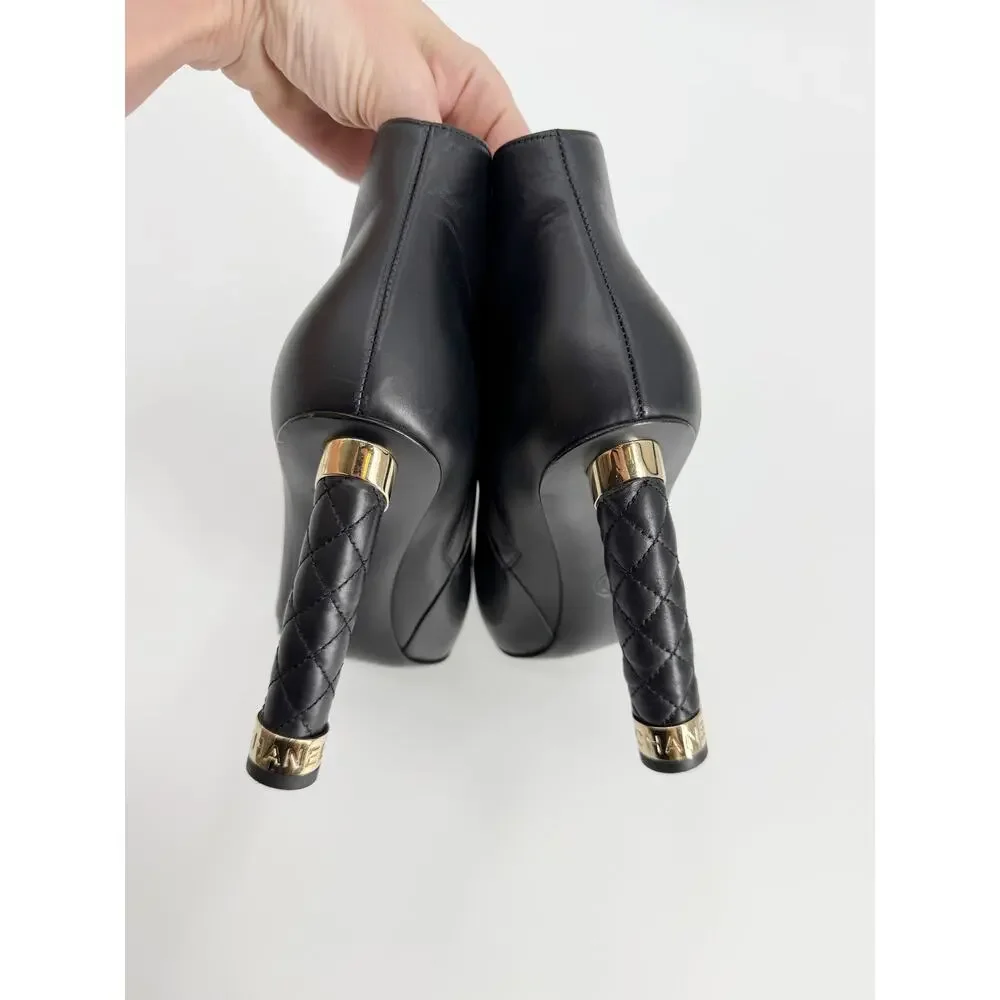 Chanel Black Calfskin Leather Quilted Pole Heel Ankle Booties Size 39 EU Dustbag